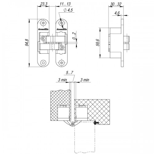 Петля Armadillo (Армадилло) скрытой установки U3D4200R SG правая (Architect 3D-ACH 40) мат. золото 40 кг