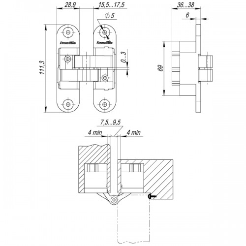 Петля Armadillo (Армадилло) скрытой установки U3D6200R SG правая (Architect 3D-ACH 60) мат. золото 60 кг