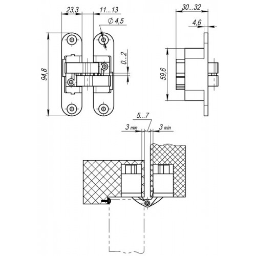 Петля Armadillo (Армадилло) скрытой установки U3D4200L SN левая (Architect 3D-ACH 40) мат. никель 40 кг