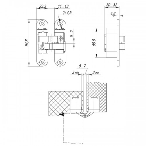 Петля Armadillo (Армадилло) скрытой установки U3D4200L AB левая (Architect 3D-ACH 40) бронза 40 кг