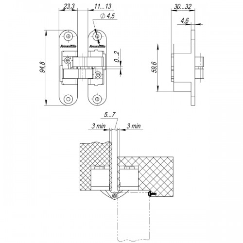 Петля Armadillo (Армадилло) скрытой установки U3D4200R CP правая (Architect 3D-ACH 40) хром 40 кг