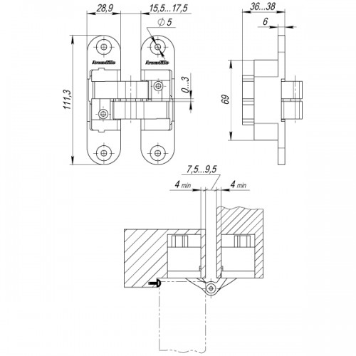 Петля Armadillo (Армадилло) скрытой установки U3D6200L CP левая (Architect 3D-ACH 60) хром 60 кг