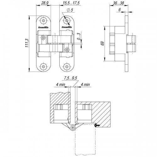 Петля Armadillo (Армадилло) скрытой установки U3D6200R CP правая (Architect 3D-ACH 60) хром 60 кг